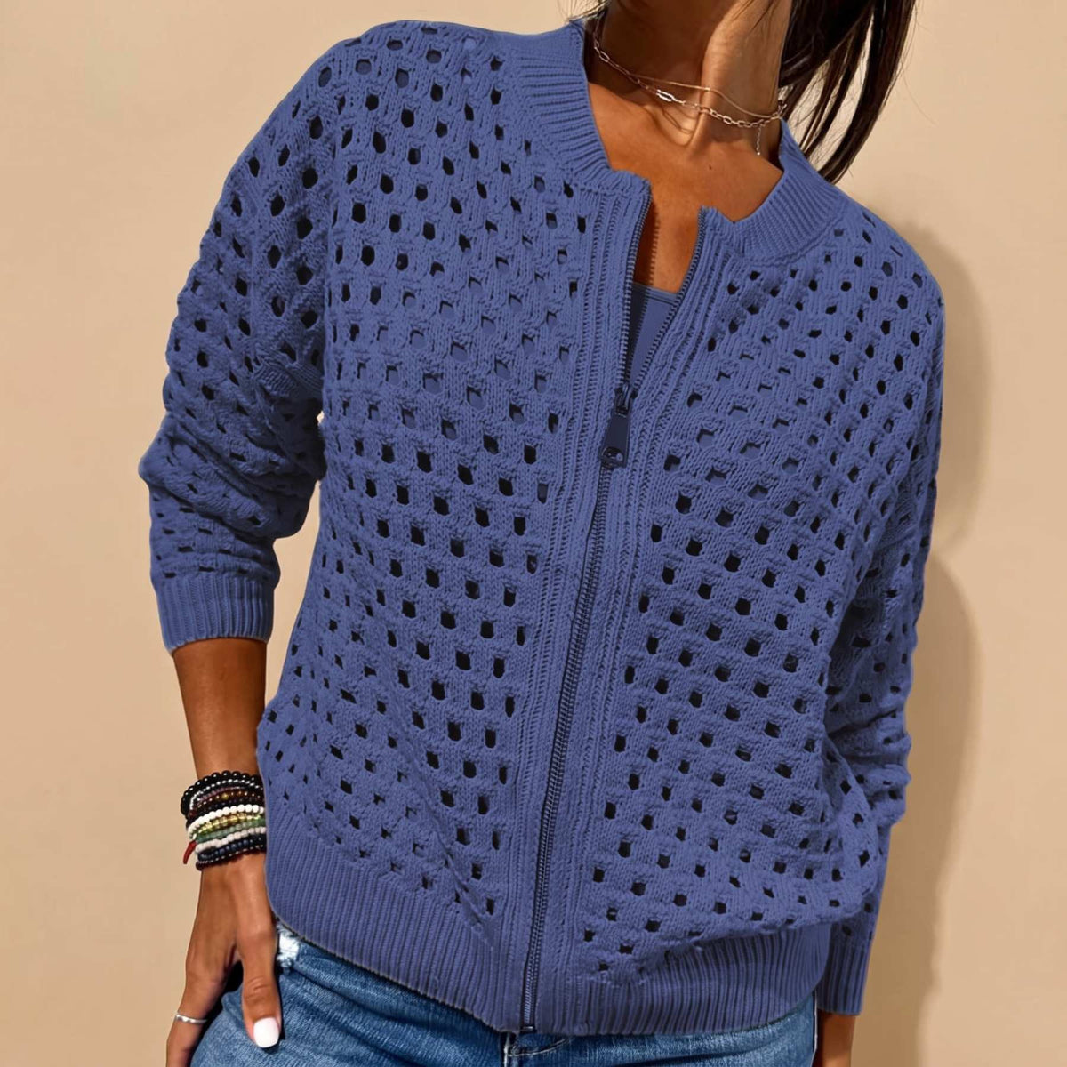 Cardigan zippé en maille ajourée