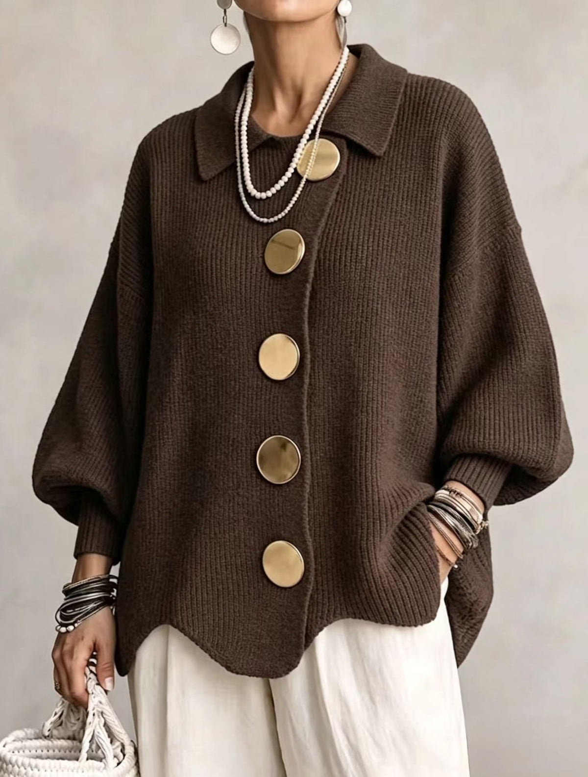 Cardigan oversize femme, manches lanterne, boutons dorés 10