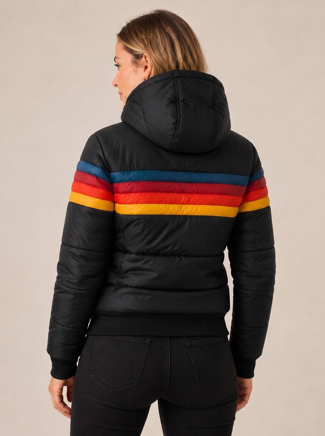 Doudoune femme imperméable à capuche, rayures rétro color block 5