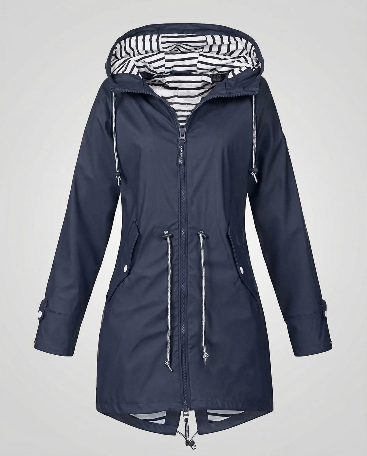 Imperméable à capuche doublure rayée, coloris bleu marine