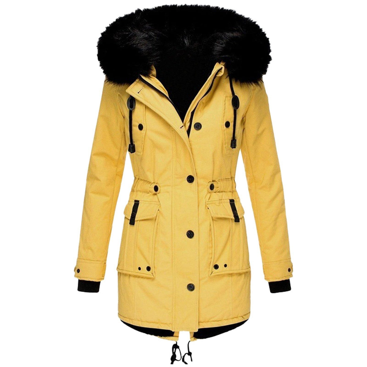 Parka d'hiver à capuche fausse fourrure, coloris jaune