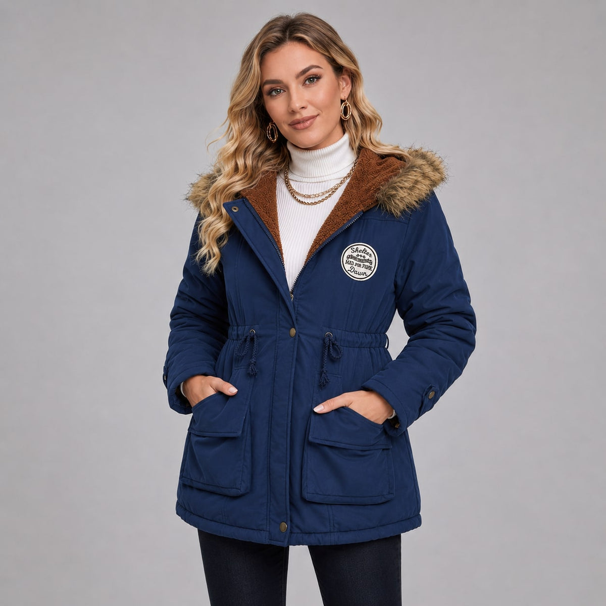Parka femme mi-longue à capuche bleu marine 5