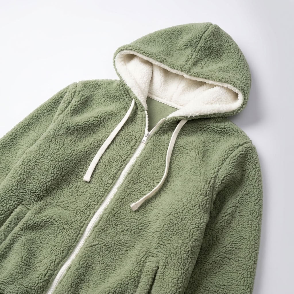 Détail de la capuche et du zip du sweat teddy