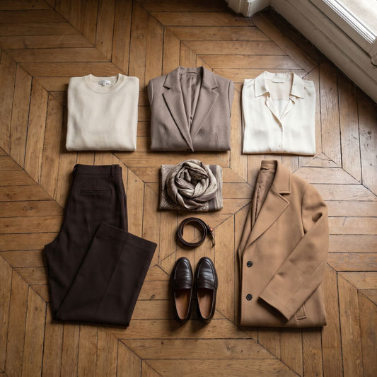 Tenue d'automne composée à plat sur un parquet en chevrons : pull, pantalon, veste, écharpe et chaussures