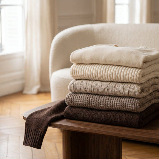 Pulls en maille pliés sur un banc en bois, dans des teintes écru et taupe