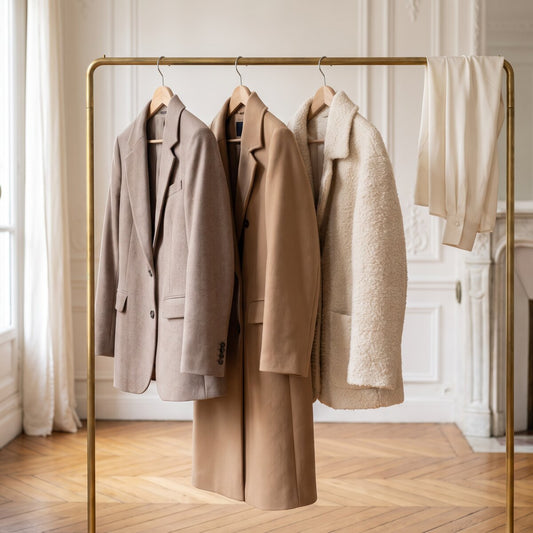Vestes et manteaux suspendus à un portant, dans des teintes sable et taupe