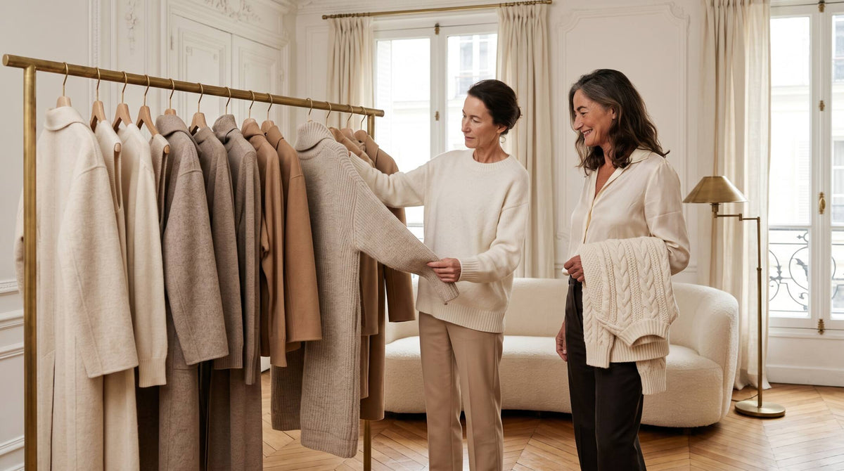 Portant de pulls et de vestes dans des teintes écru, sable et taupe