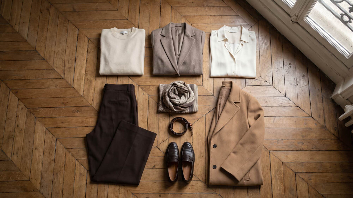 Tenue d'automne composée à plat sur un parquet en chevrons : pull, pantalon, veste, écharpe et chaussures