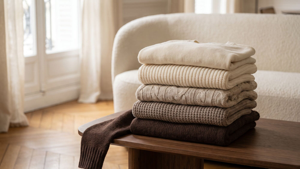 Pulls en maille pliés sur un banc en bois, dans des teintes écru et taupe