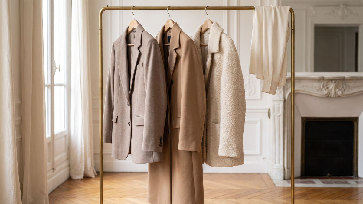 Vestes et manteaux suspendus à un portant, dans des teintes sable et taupe