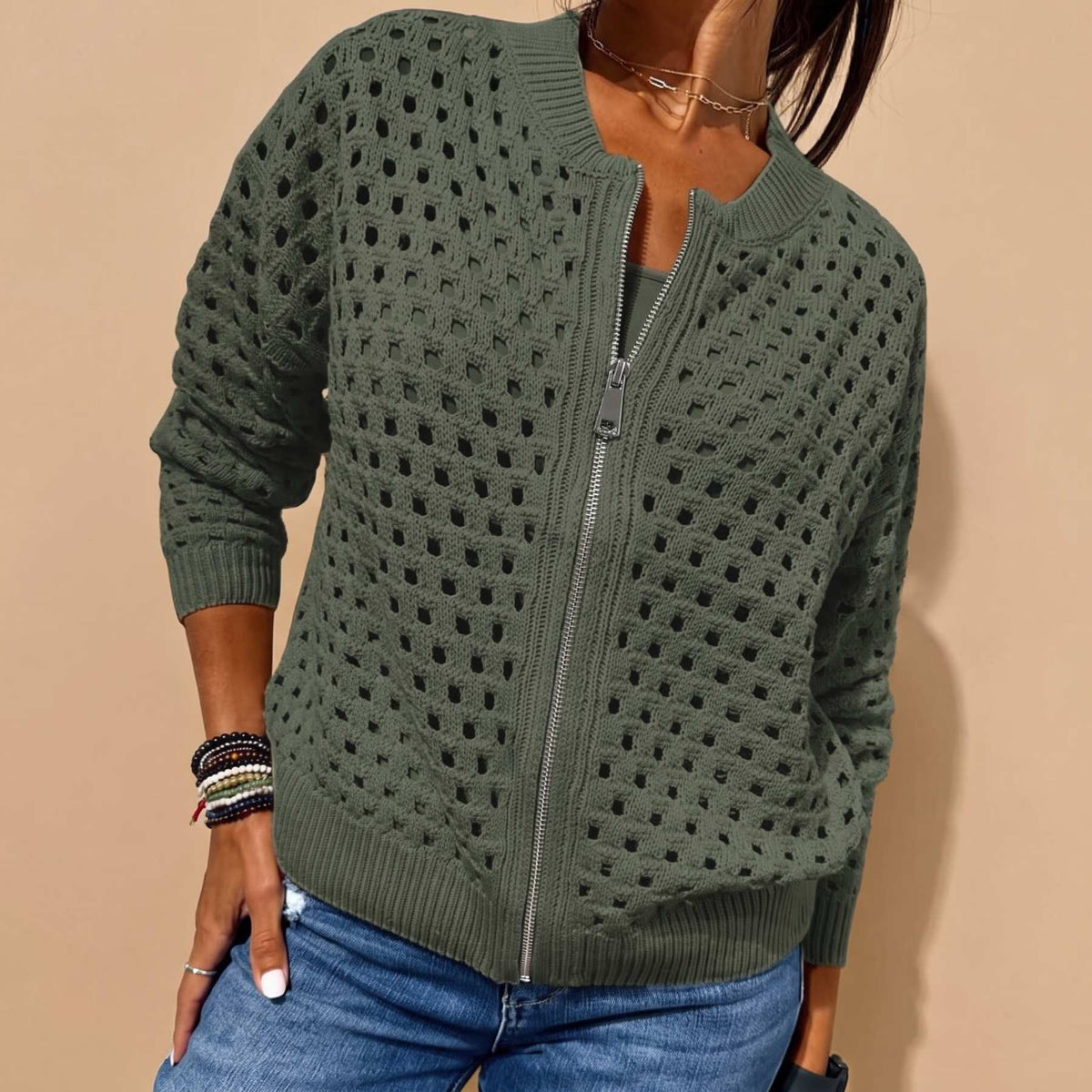 Cardigan zippé en maille ajourée