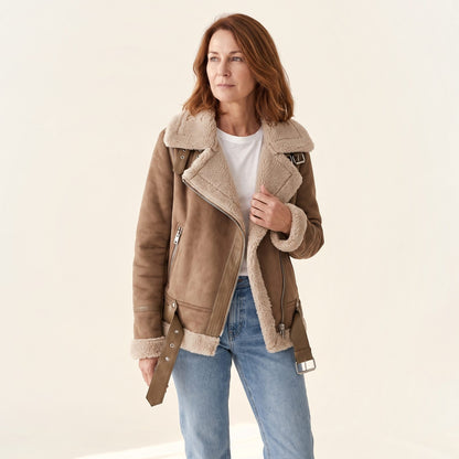 Blouson aviateur effet daim doublé sherpa, coloris marron, porté