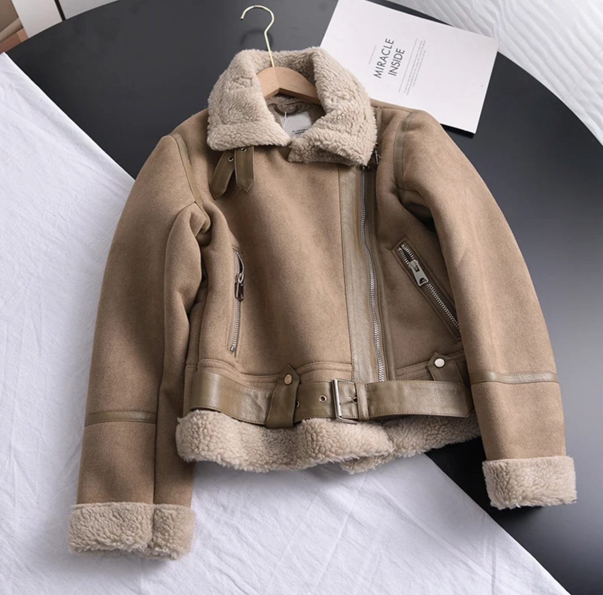 Blouson aviateur effet daim doublé sherpa, vue produit