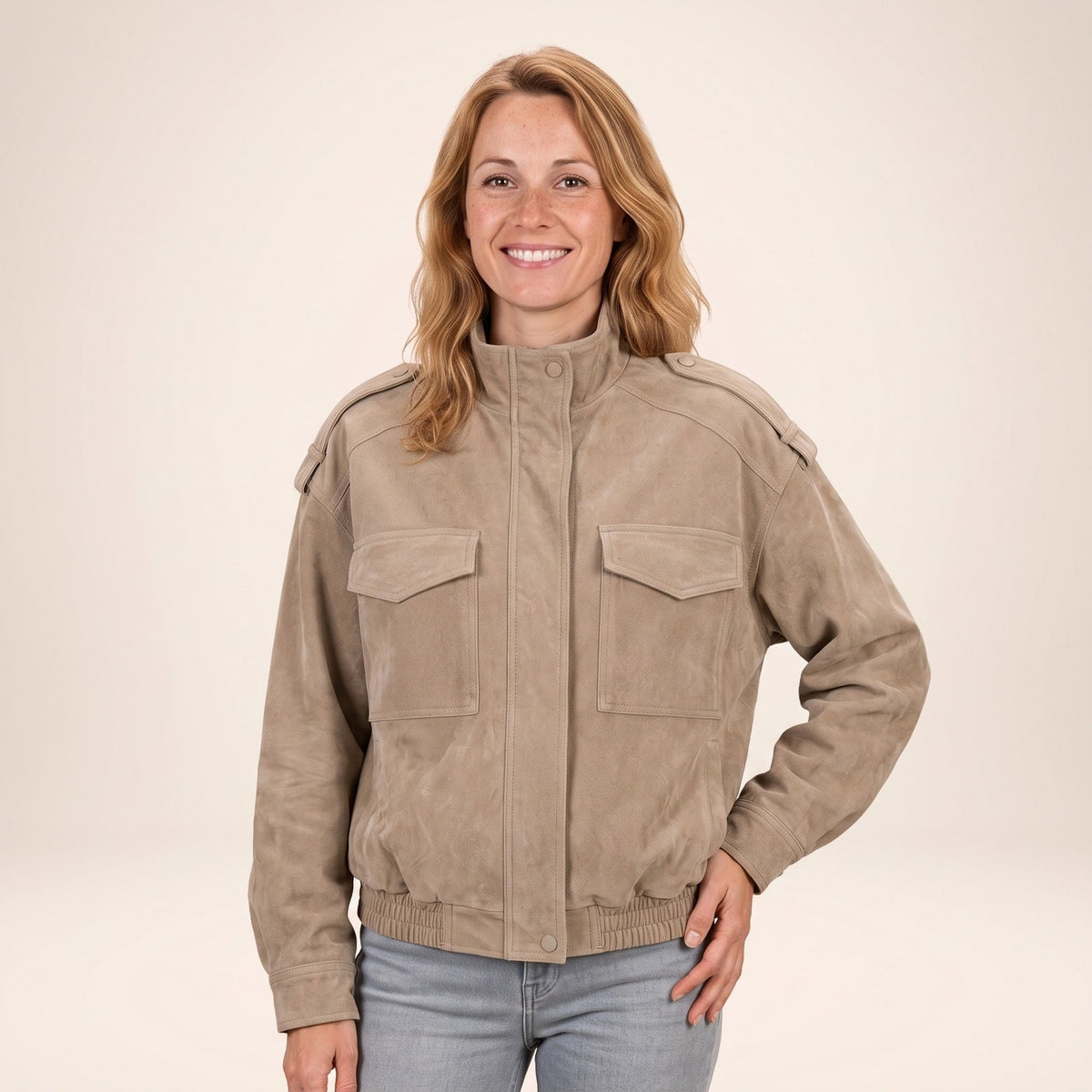 Blouson aviateur femme effet daim kaki avec poches 1