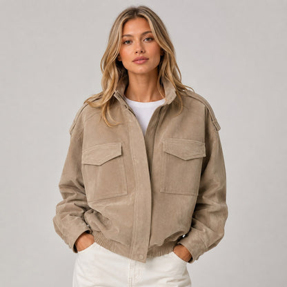 Blouson aviateur femme effet daim kaki avec poches 1
