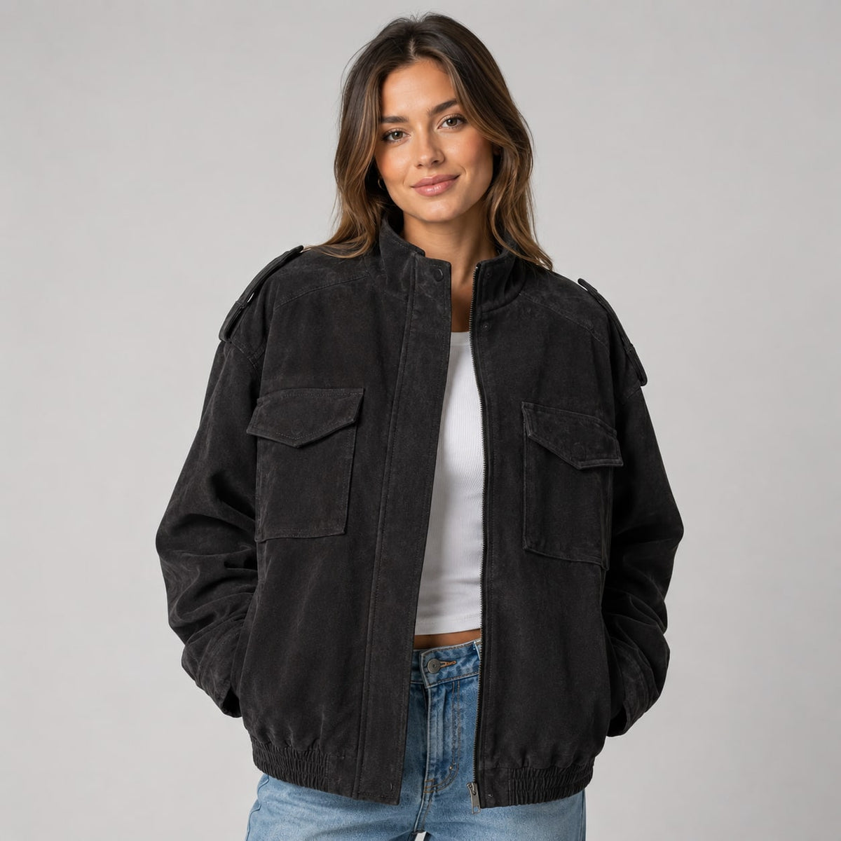 Blouson aviateur femme effet daim noir avec poches 2
