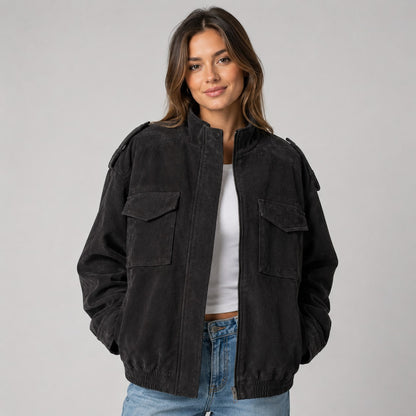 Blouson aviateur femme effet daim noir avec poches 2