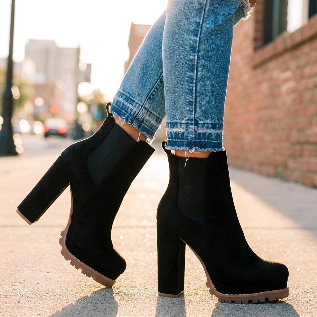 Bottines à talon bloc effet daim femme, plateforme 3