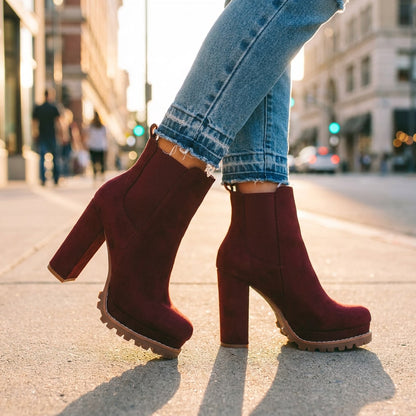 Bottines à talon bloc effet daim femme, plateforme 6