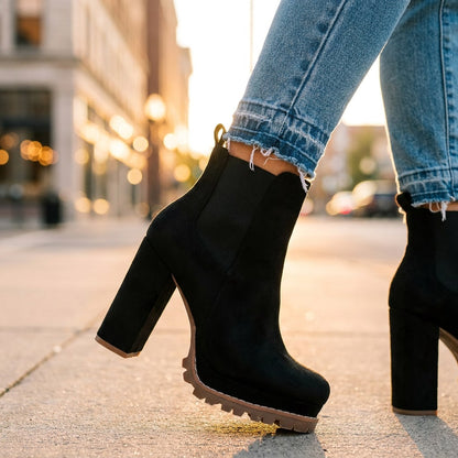 Bottines à talon bloc effet daim femme, plateforme 7