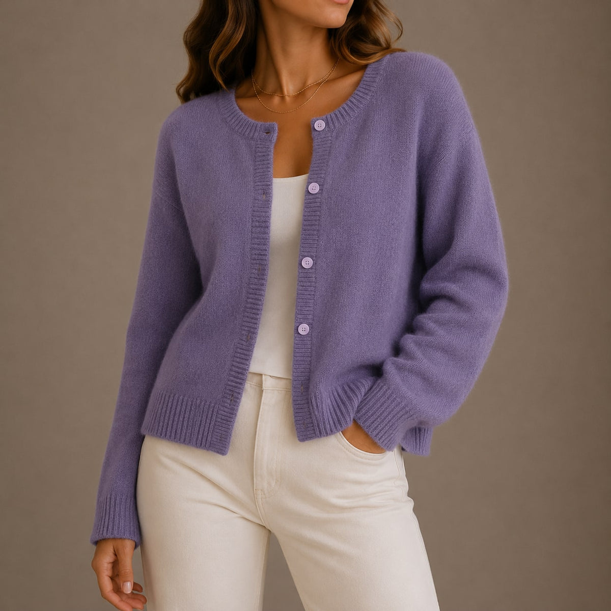 Maude gilet femme col rond maille douce lilas