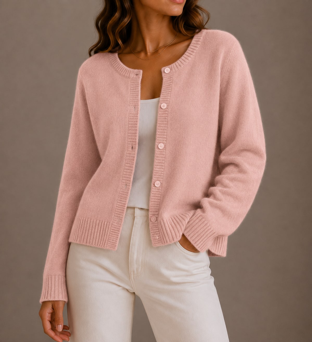 Maude gilet femme col rond maille douce rose