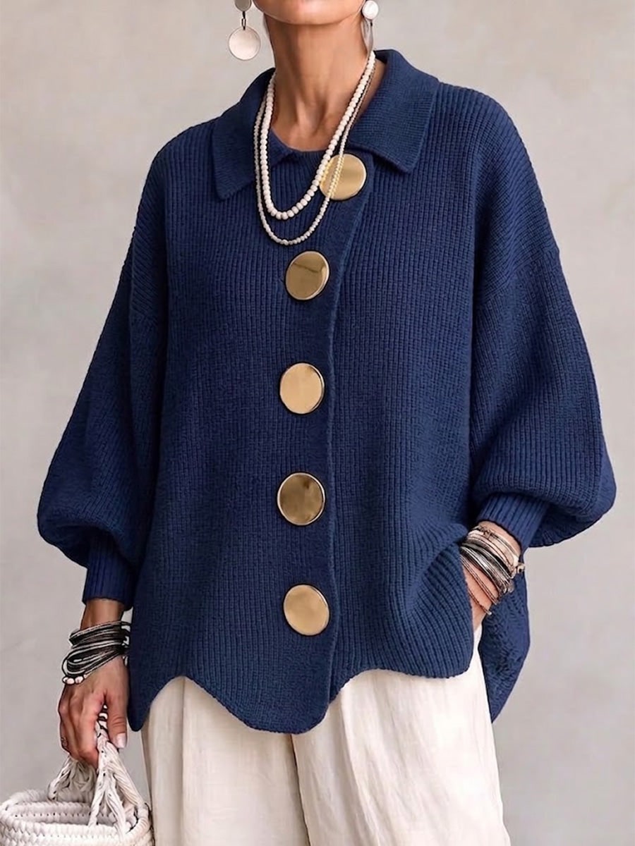 Cardigan oversize femme, manches lanterne, boutons dorés 2