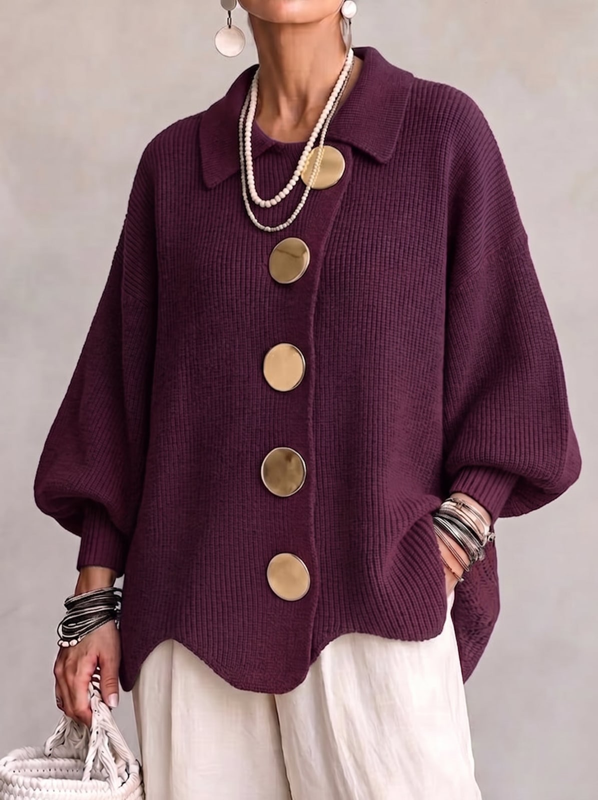 Cardigan oversize femme, manches lanterne, boutons dorés 4