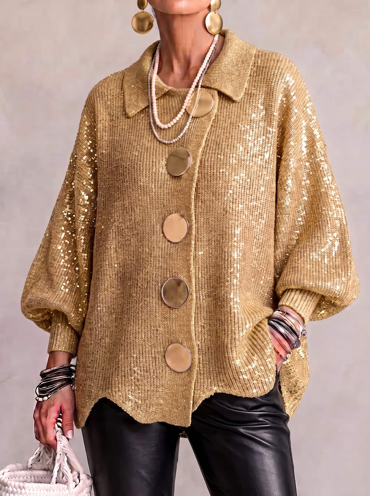 Cardigan oversize femme, manches lanterne, boutons dorés 6