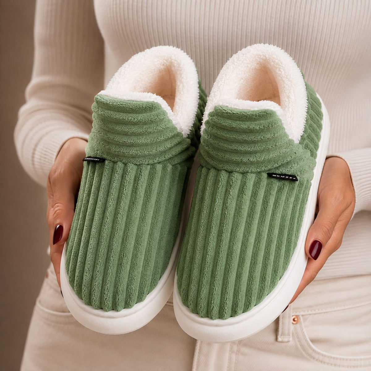 Coralie chaussons femme côtelés doublés polaire vert