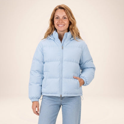 Doudoune courte femme à capuche en coton matelassé bleu ciel
