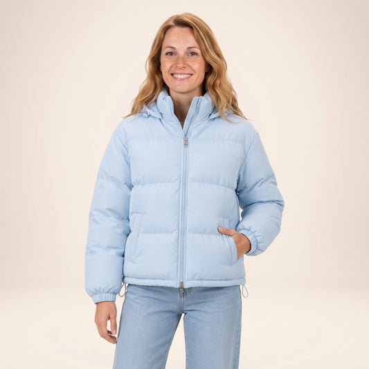 Doudoune courte femme à capuche en coton matelassé bleu ciel