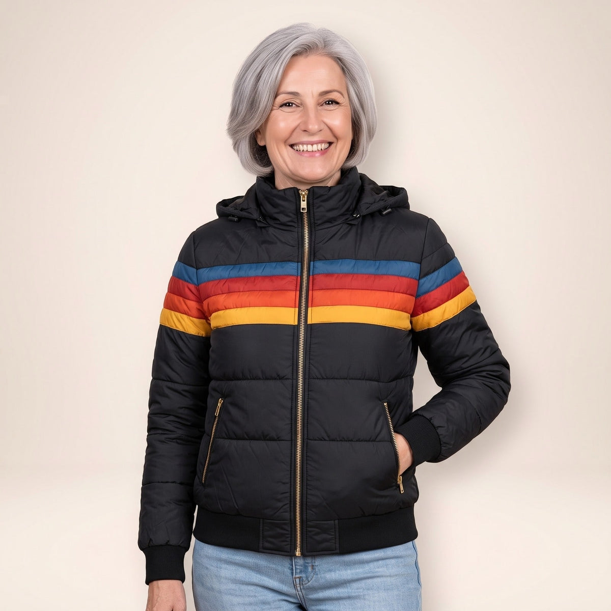 Doudoune femme imperméable à capuche color block noire 1
