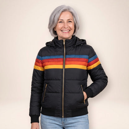 Doudoune femme imperméable à capuche color block noire 1