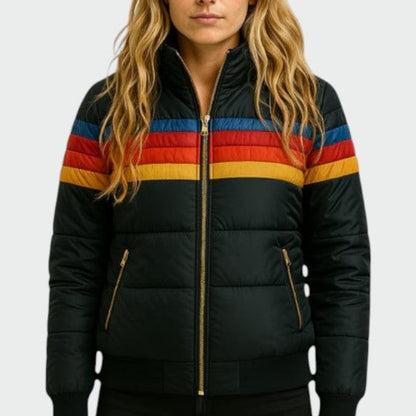 Doudoune femme imperméable à capuche color block noire 1