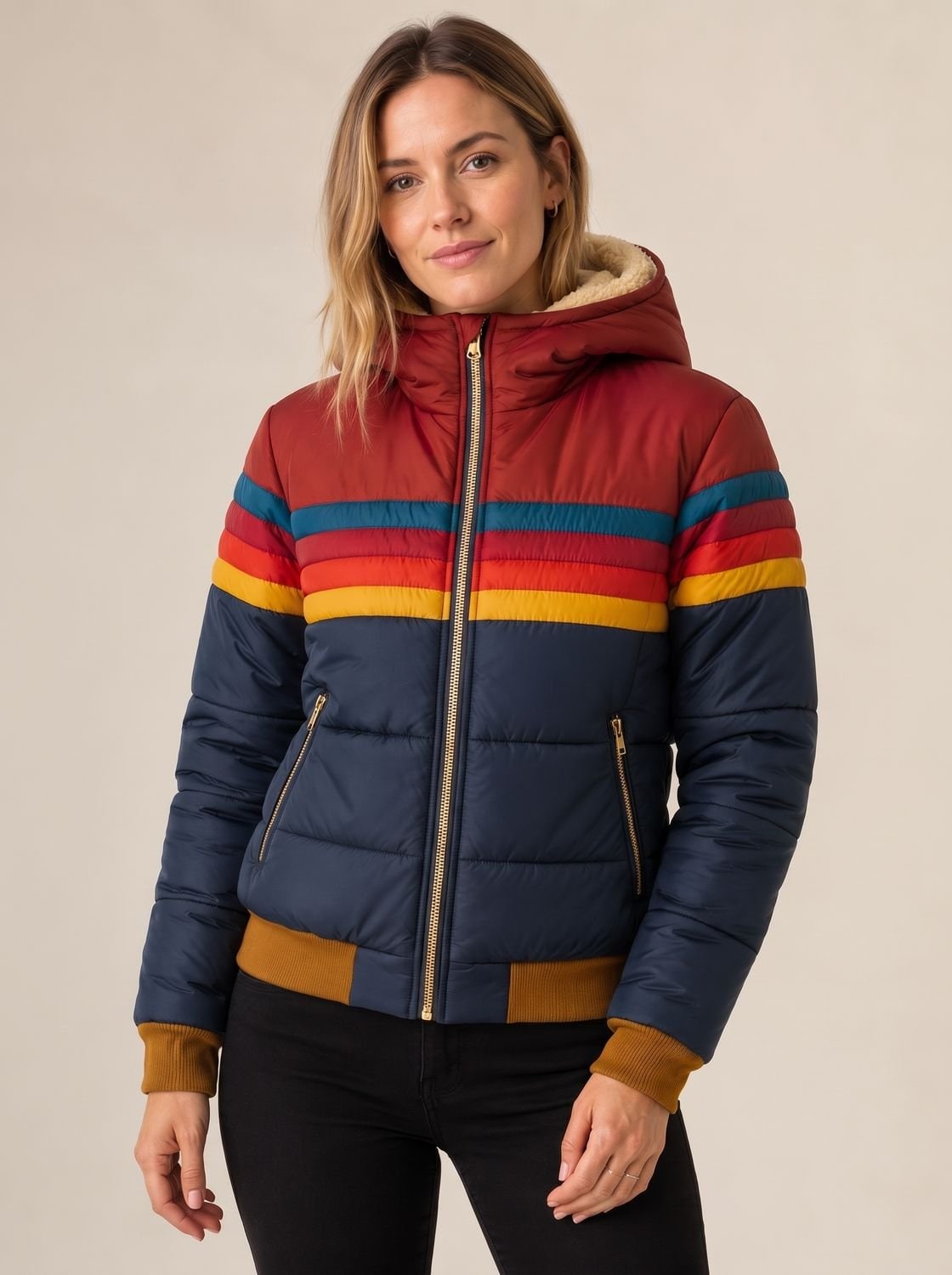 Doudoune femme imperméable à capuche, rayures rétro color block 1
