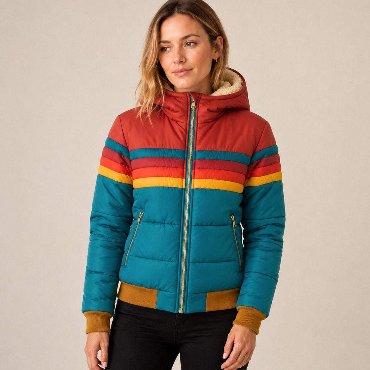 Doudoune femme imperméable à capuche, rayures rétro color block 2