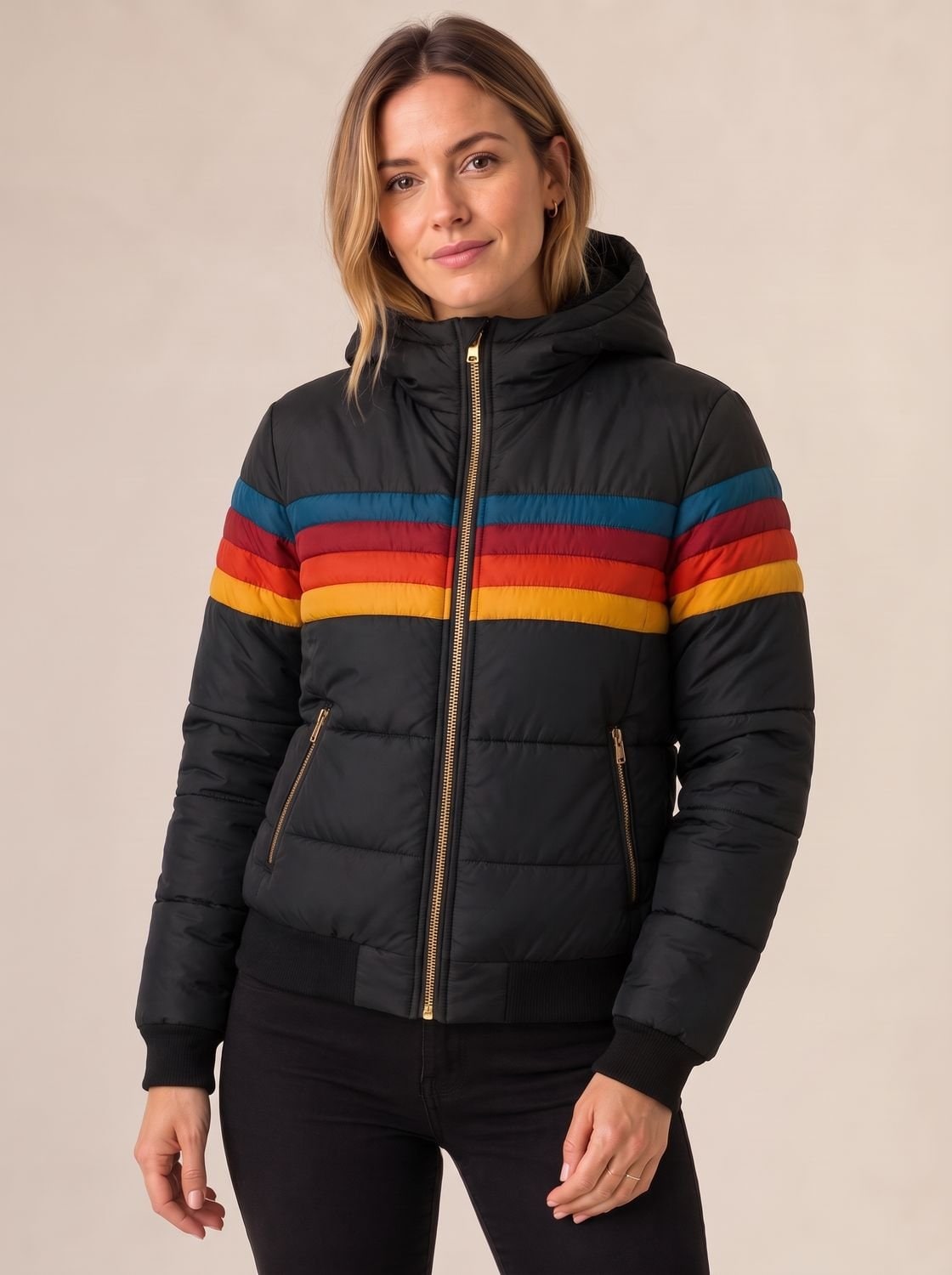 Doudoune femme imperméable à capuche, rayures rétro color block 3
