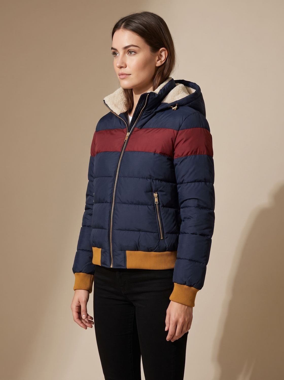 Doudoune femme imperméable à capuche, rayures rétro color block 4