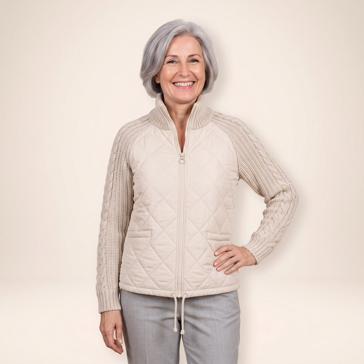 Doudoune femme beige matelassée à manches en maille et col montant