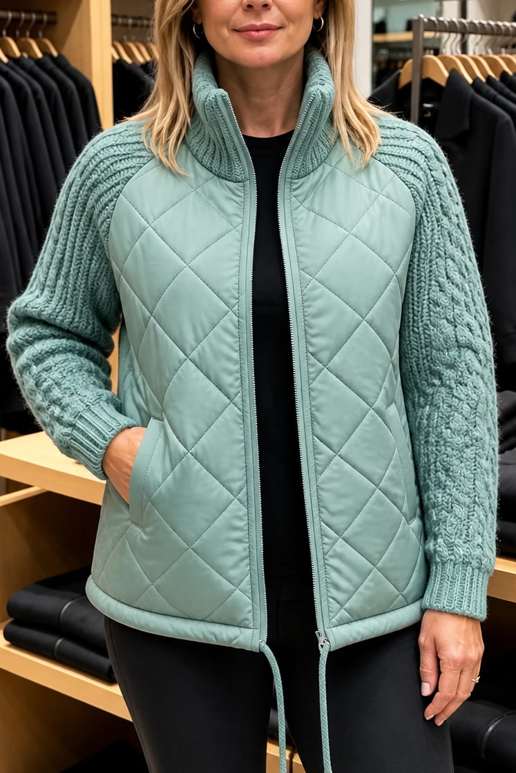 Doudoune femme vert menthe matelassée à manches en maille