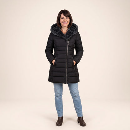 Doudoune longue femme imperméable noire à capuche doublée