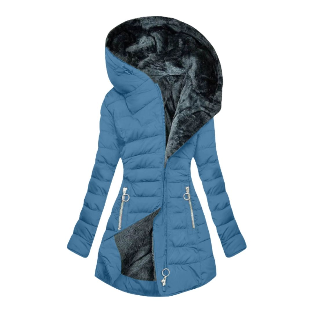 Doudoune longue femme bleue à capuche doublée