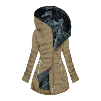 Doudoune longue femme taupe à capuche doublée