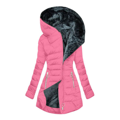 Doudoune longue femme rose à capuche doublée