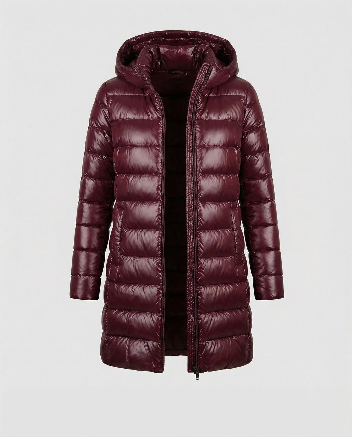 Doudoune longue légère à capuche, coloris bordeaux, vue produit