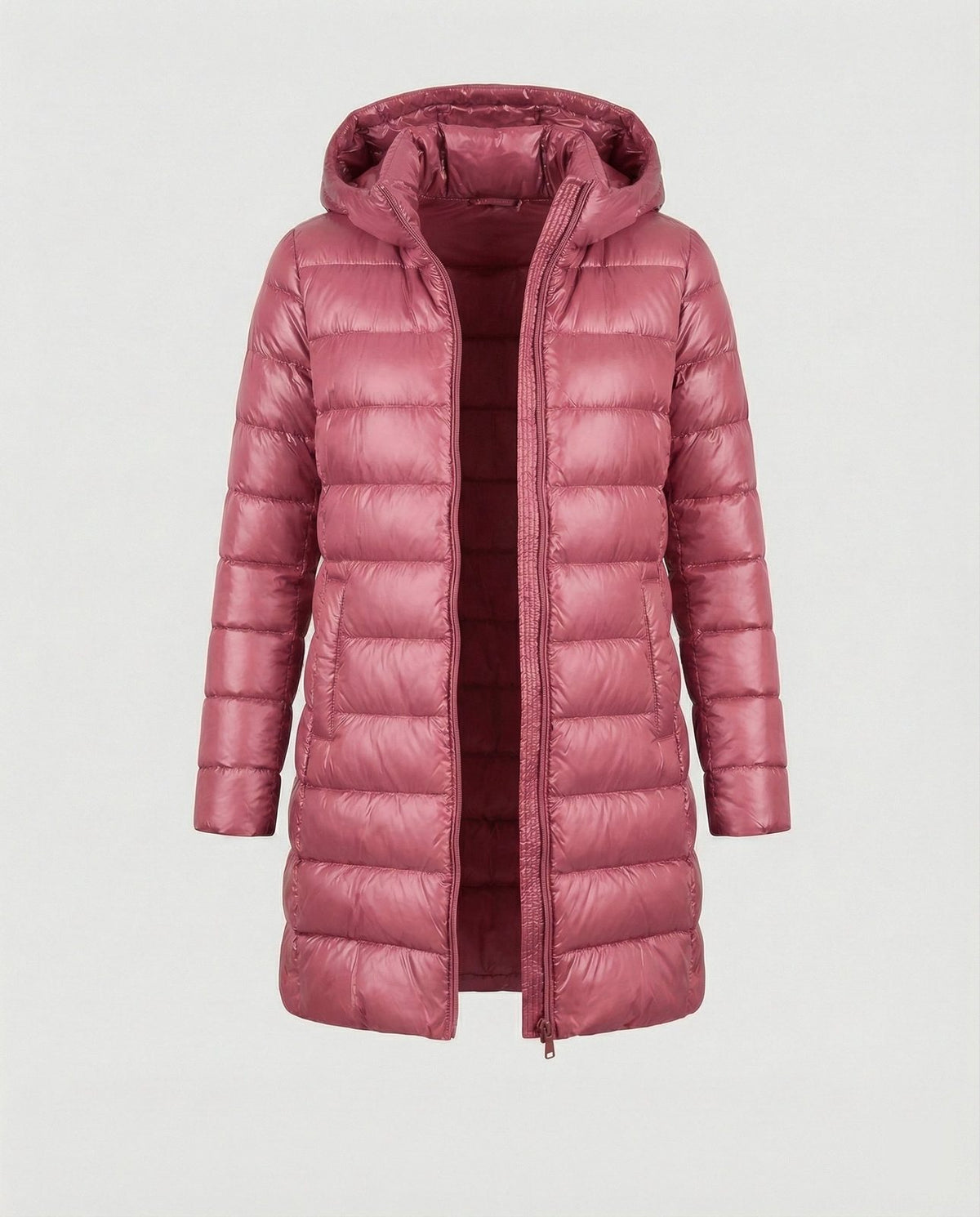 Doudoune longue légère à capuche, coloris rose