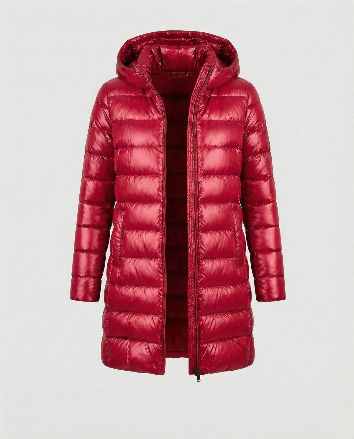 Doudoune longue légère à capuche, coloris rouge