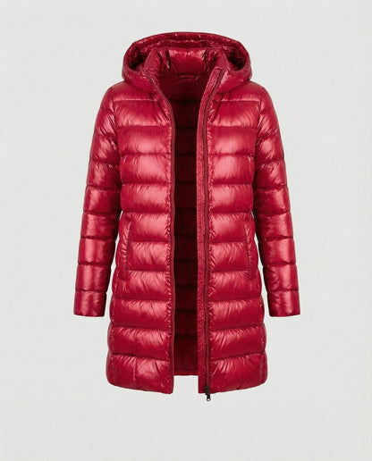 Doudoune longue légère à capuche, coloris rouge