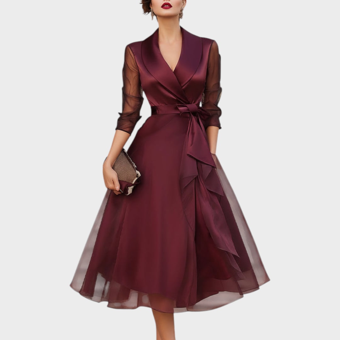 Élégante robe de cocktail bordeaux avec col et ceinture à la taille 3